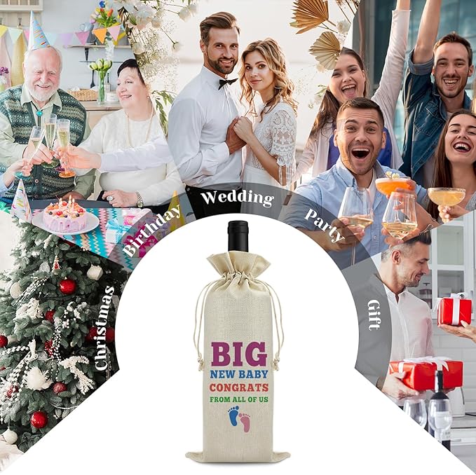 New Baby Gift Wine Bags Baby Reveal Gift Welcome New Baby Gift for Friends Grandparents Pregenant Announcement Gift for Women Wine Gift Bag Christmas Birthday Gift Drawstring Wine Wrapping Bag