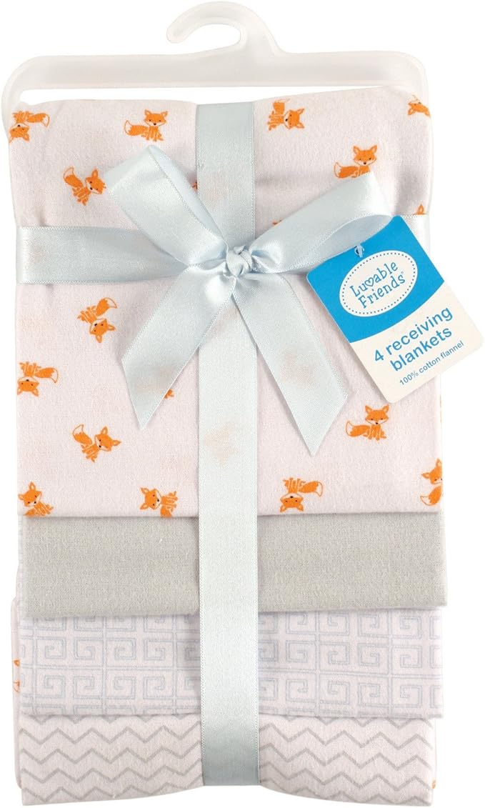 Luvable Friends Unisex Baby Cotton Flannel Receiving Blankets, Fox 4-Pack, One Size