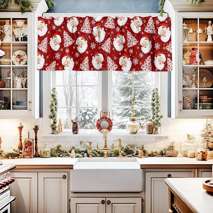 Red Christmas Valance Curtains for Kitchen Windows Santa Claus Merry Christmas Tree Rod Pocket Window Treatment Toppers for Kitchen/Living Room/Bedroom/Bathroom, 42" X 18", Winter Snowflake