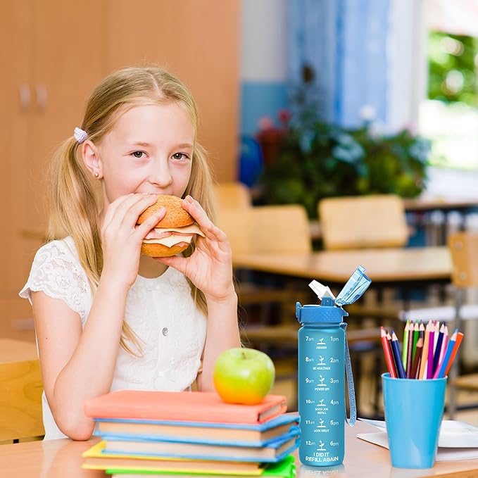 OLDLEY Kids Water Bottle for School, 17 oz (2 lids) BPA-Free Reusable Leak-proof Durable Tritan Plastic Water Bottles with Straw & Chug Lids, Anti-dust Spout Cover (Blue)