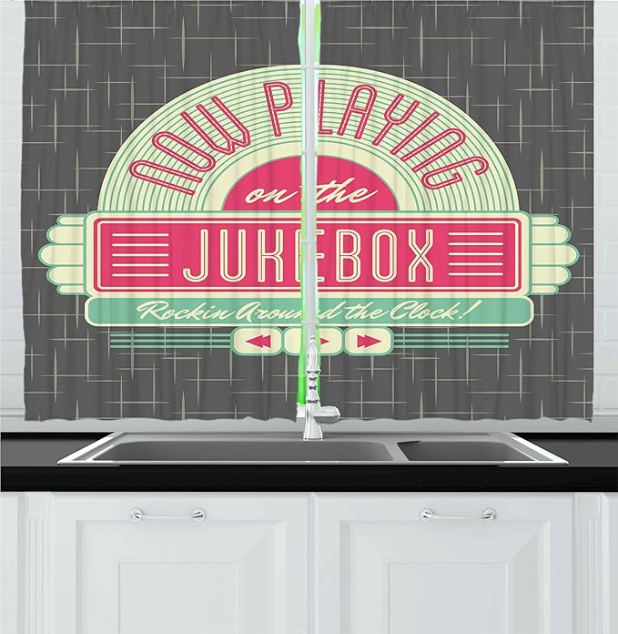 Ambesonne Jukebox Kitchen Curtains, Charcoal Grey Backdrop with 50s Inspired Radio Music Box Image, Window Drapes 2 Panel Set for Kitchen Cafe Decor, 55" x 36", Mint Green Hot Pink and White