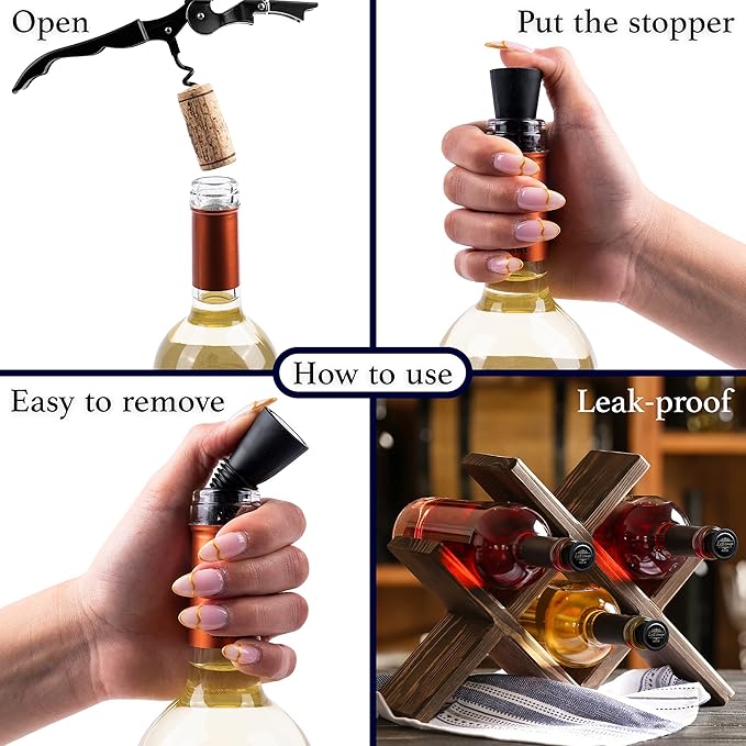 Champagne Stoppers for Sparkling Bottle Sealing - Saver Accessories Toppers for Wine Napa Moet Bottega - Cone-shaped wine stoppers and Dual-sided Stainless Steel Cover Bottles Set (Gold, 2 & 2)