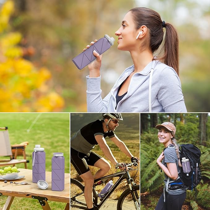 INNERNEED Collapsible Water Bottle, Reuseable BPA Free Silicone Foldable Water Bottles for Travel Gym Camping Hiking, 20.6 fl.oz, Portable, Food-Grade, Leak Proof (1 Pack, Purple)