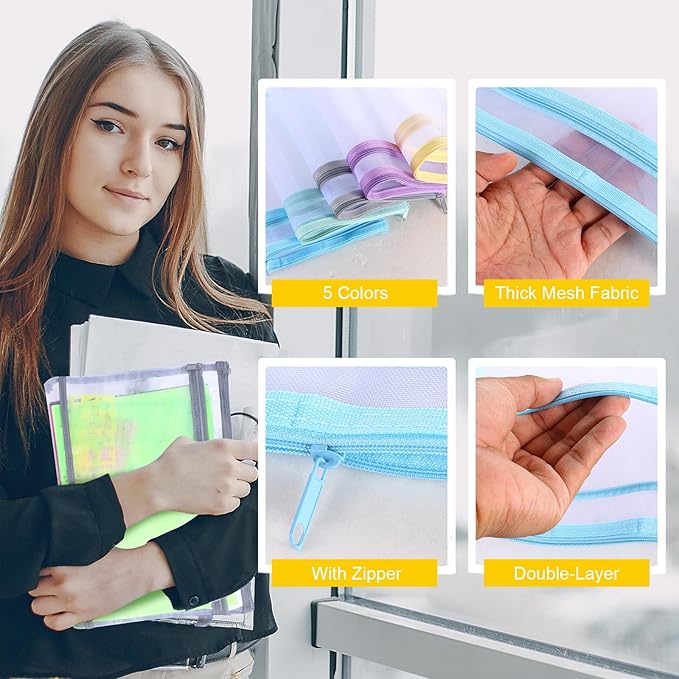 20 Pack Colored Mesh Zipper Pouch Bags,5 Color,A4 Double-Layer Nylon Puzzle Building Block Sets Toy Storage Organization, Mesh Bags with Zipper and Handle for School Office Playroom Storage