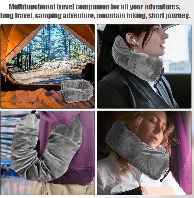 Stuffable Travel Pillow, Plush Stuffable Neck Pillow for Travel Transformable Neck Pillow Travel Pillow Stuffable with Clothes Adjustable U-Shape Pillow, No Pillow Filler (Gray)