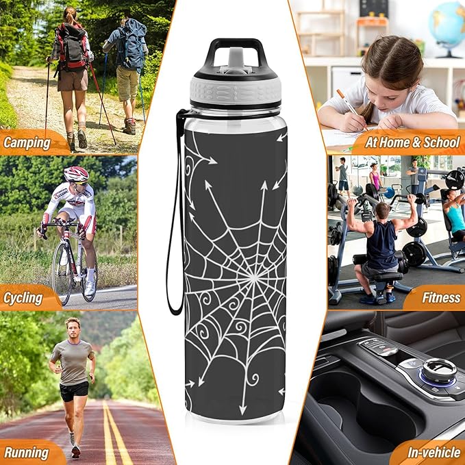 Water Bottle with Straw Spiderweb Halloween Sports Bottles BPA-Free Tritan Black Water Jug with Carrying Strap for Women Men Gym Outdoor Sports