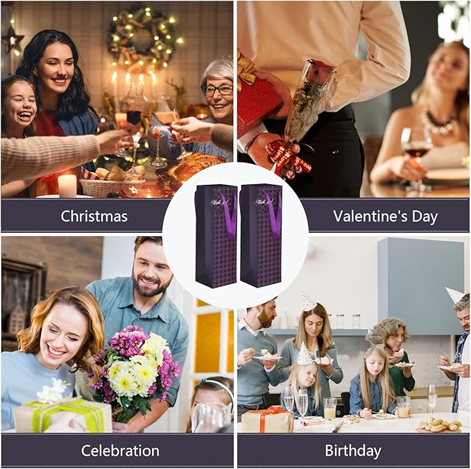 Wine Bags, 6 Packs, Strong Card Paper Wine Gift Bag with Ribbon Handles and Thank You Card, 4-3/8x 4 x 14 Fit 750ml Wine Bottle or Champagnes - Purple 6