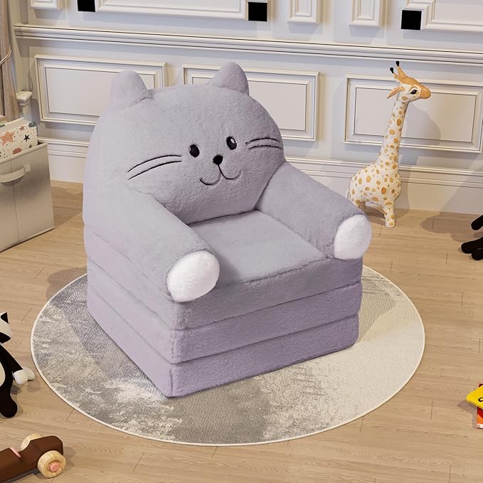 Kids Sofa Chair for Toddler, 2-in-1 Folding Soft Baby Couch with Removable Cover, Comfy Plush Children's Recliner, Convertible Floor Sofa Bed to Lounger for Girls Boys Age 1-3,Cat Grey