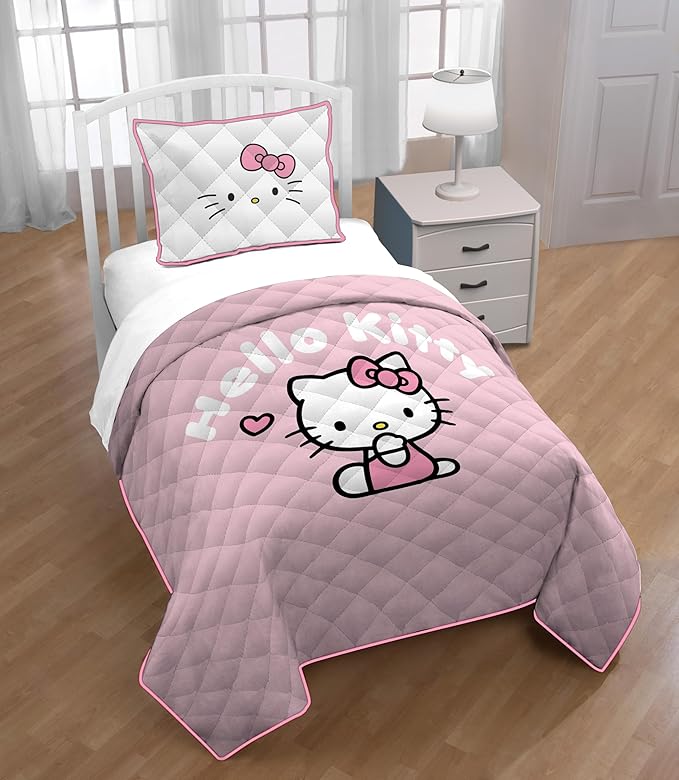 Jay Franco Hello Kitty Pink Stripes & Hearts Twin Size Quilt & Sham Set - Super Soft Lightweight Bedspread Set