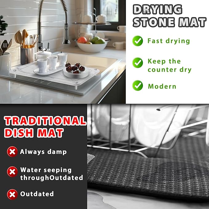 Stone Drying Mat for Kitchen Counter , IPOW Diatomaceous Dish Drying Mats Superb Absorbent,Heat-ResistantFast Drying Stone Mat Kitchen with Non-Slip Stainless Steel Feet(White)