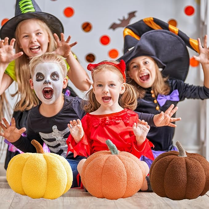 Pumpkin Pillow - Halloween Pumpkin Throw Pillow Yellow 3D Simulated Pumpkin Pillows Fleece Stuffed Pumpkins Decoration for Thanksgiving Halloween Bedroom Fall Decorative (Yellow, 11 inch)