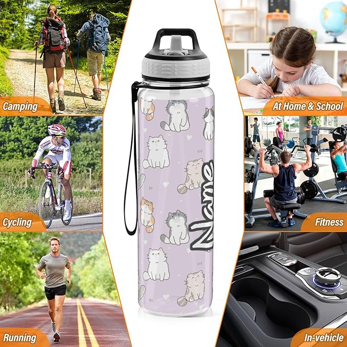 Personalized Custom Water Bottle with Straw Cute Cat Purple Sports Bottles BPA-Free Tritan Heart Water Jug with Carrying Strap for Gym Office Outdoor Sports