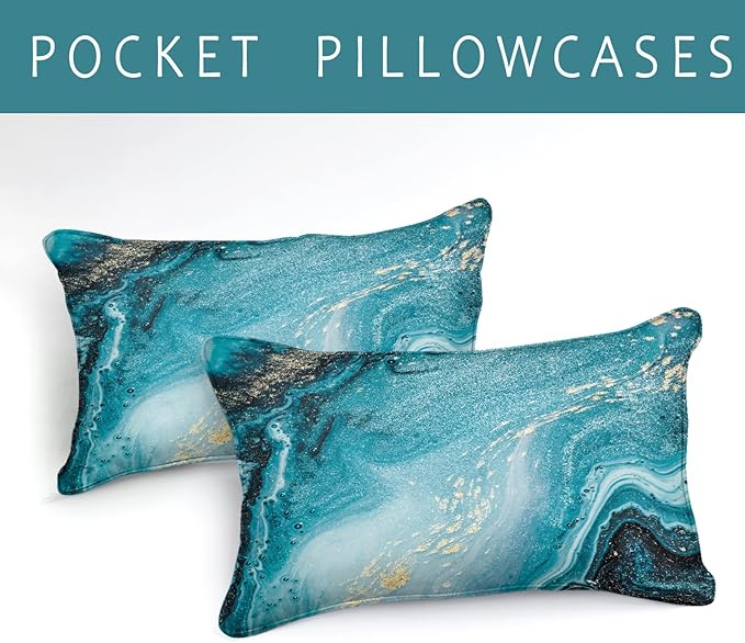 Bedbay Blue and Gold Marble Bedding Comforter Set Queen Size Teal Bedding Boys Girls Queen Duvet Set 4 Pcs Modern Marble Texture Quilt Set Bedroom Guest Room Decor Soft and Lightweight(Blue,Queen)