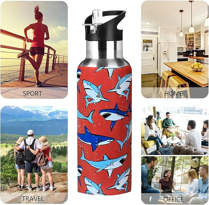 Cute Shark Sport Water Bottle with Straw, Vacuum Insulated Stainless Steel Thermal Drinking Travel Mug Cups For Gym Fitness Camping-17oz/500ml