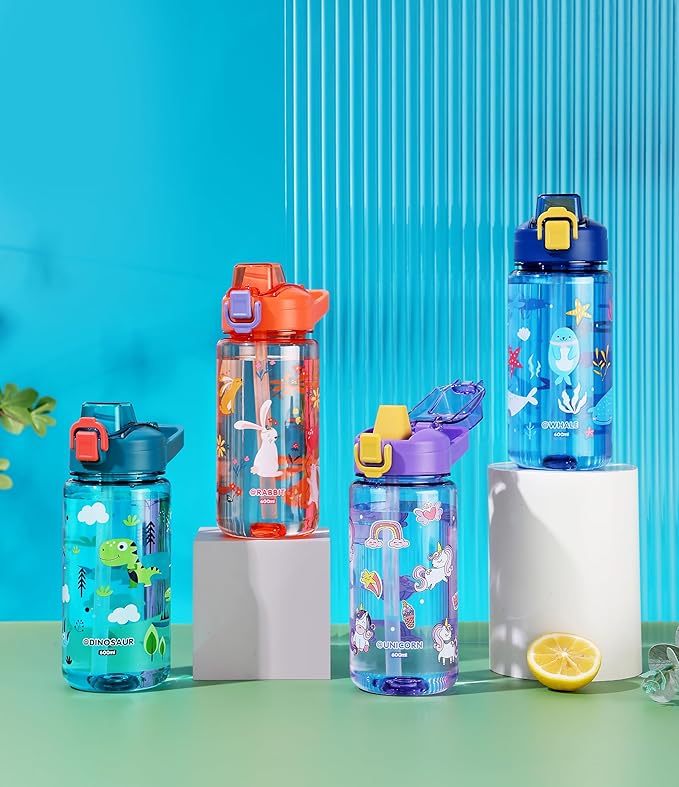 Kids Boys & Girls School and outdoor Water Bottle with silicone straw and Spill-Proof Lid (Whales & Starfish)