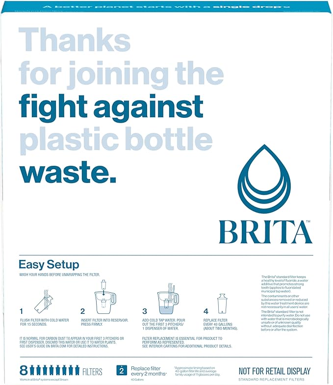 Brita Standard Water Filter for Pitchers and Dispensers, BPA-Free, Reduces Copper, Cadmium and Mercury Impurities, Lasts Two Months or 40 Gallons, Includes 2 Filters