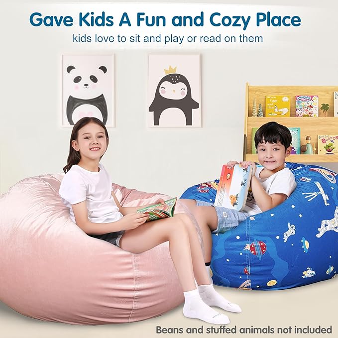 Lukeight Stuffed Animal Storage Bean Bag Chair Cover for Kids, Zipper Beanbag Chair Cover for Organizing Toddler and Kids' Rooms Plush Toys (Pink Velvet, X-Large)