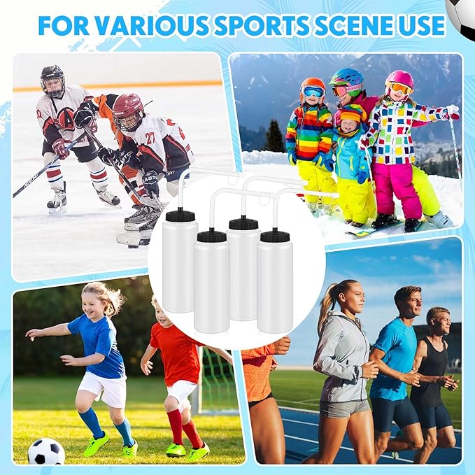 Domensi 4 Pack 1 Liter Sports Water Bottle W/Long Straw Hockey Lacrosse Water Bottle with Straw BPA Free Easy Squeeze Plastic Use W/Sport Helmet in Football Baseball Gym Yoga(Translucent)
