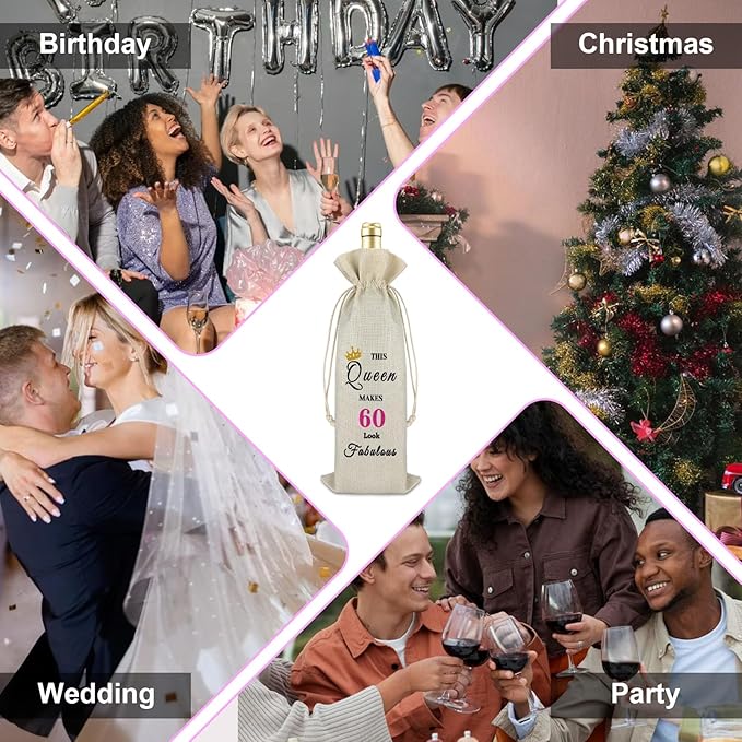 60th Birthday Gift 60 Year Old Birthday Gift for Women Drawstring Wine Bag Turning Sixty Year Old Birthday Gift 60th Milestone Christmas New Year Gift Reusable Wine Wrap Bag for Grandma Mom