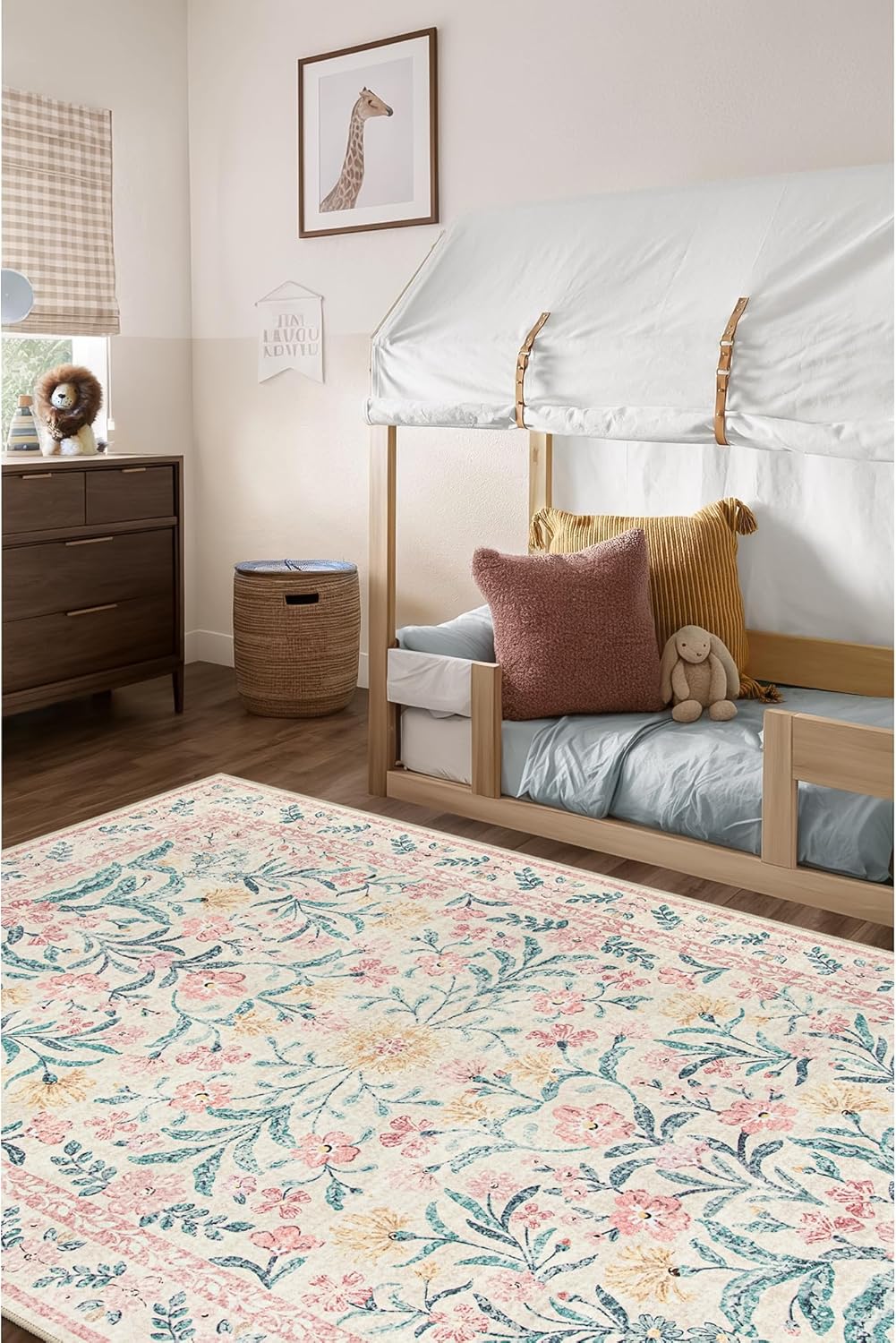 Wonnitar Machine Washable 5x7 Nursery Rug, Pink Rugs for Bedroom Girls, Boho Soft Floral Carpet Non Slip, Indoor Ultra-Thin Floor Carpet for Kid Room Living Room Dorm
