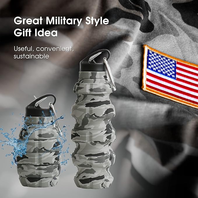Collapsible Water Bottle 19.6oz - Gift Box, Carabiner, Leak Proof Lid - Collapsible Water Bottles for Traveling - Gifts for Husband & Veterans Day Gift - Reusable & Foldable Gift for Travelers (Gray)