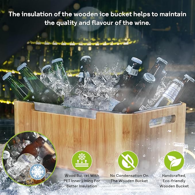 Ice Bucket Kit, 12L Capacity, wooden, Double-Layer Vacuum Insulated, Keeps Ice Cold for Long Time, Includes 5L, 3.5L PET Ice Buckets, Ice Scoop, Perfect for Parties and Gatherings