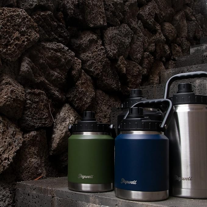SkyWell 64 Oz Insulated Water Bottle Sleeve and Cup Kit Wide Mouth Water Flask Sweat-Proof and Leak-Proof Half Gallon Water Jug for Outdoors, Navy Kit