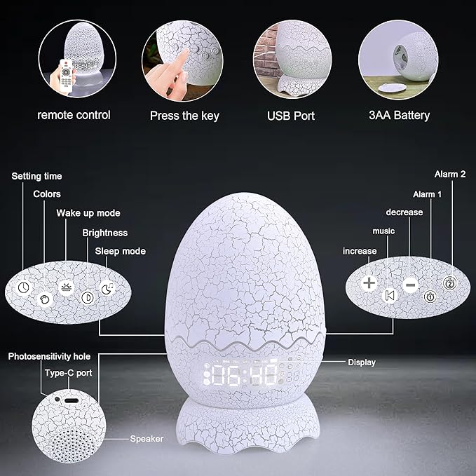 Alligator Egg Night Light for Bedroom, Remote Control & White Noise Bluetooth Speaker, 14 Colors LED Night Lights for Kids Room, Best Gift & Decoration for Children's and Adults' Bedroom