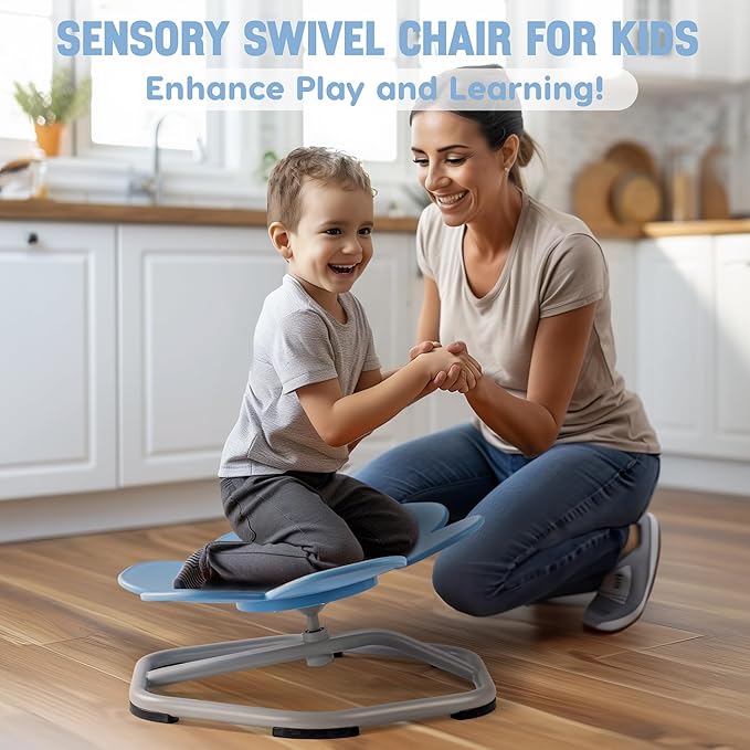 ROBUD Kids Sensory Swivel Chair, Autism Kids Swivel Chair with Non-Slip Design, Training Body Coordination, Flower Shape Wobble Chair, No Assembly, Blue