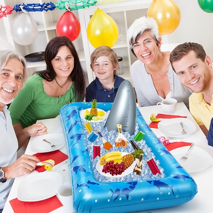 Deekin 2 Pieces Shark Party Buffet Cooler Inflatable Serving Bar Inflatable Cooler Cold Food Buffet Server Serving Tray Food Drink Holder Salad Ice Tray for Shark Theme Party Picnic Barbecue, 53 x 28