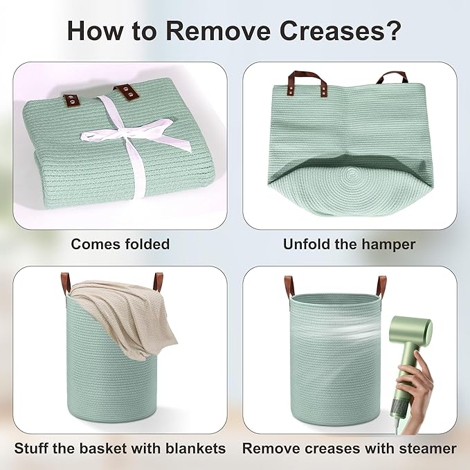 80L Large Rope Basket, Woven Rope Storage Basket with Leather Handles, Dog Toy Storage Basket, Bedroom, Nursery Blanket Storage, Bathroom Laundry Basket, 16“x20” Tall Rope Basket (Green)