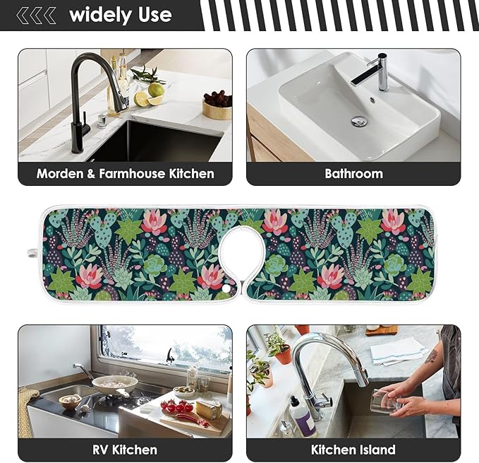 Kitchen Faucet Absorbent Mat,Succulent Plants Cactus Water Splash Guard for Sink, Faucet Drip Catcher Thicken Sponge Microfiber Faucet Water Catcher Mat Sink Absorbent Mat for Kitchen 23x5in 2Pack