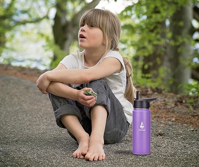 Farsea Insulated Water Bottle with Straw Lid & Spout Lid & Paracord Handle, Stainless Steel Water Bottle Wide Mouth, Double Wall Sweat-Proof BPA-Free, 18 oz, Purple