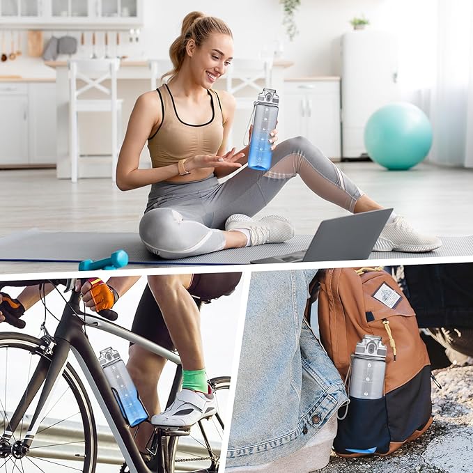 GOSWAG Water Bottles, 32 oz Motivational Sports Water Bottle with Straw and Time Marker to Remind You to Drink, Comes with Carry Strap, Leakproof