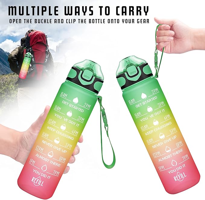 Enerbone 32 oz Drinking Water Bottle with Times to Drink and Straw, Motivational with Carrying Strap, Leakproof BPA & Toxic Free, Ensure You Drink Enough Water for Fitness Gym Outdoor