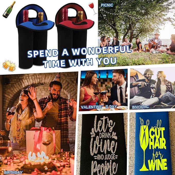 Desing Wish 2-Bottle Set Wine Carrier Tote Bag for 750ml Red/White Wine Bottles, Insulated Neoprene Wine Cooler Bag Wine Gift Bags for Gift/Picnic/Party/Beach/Christmas - Red