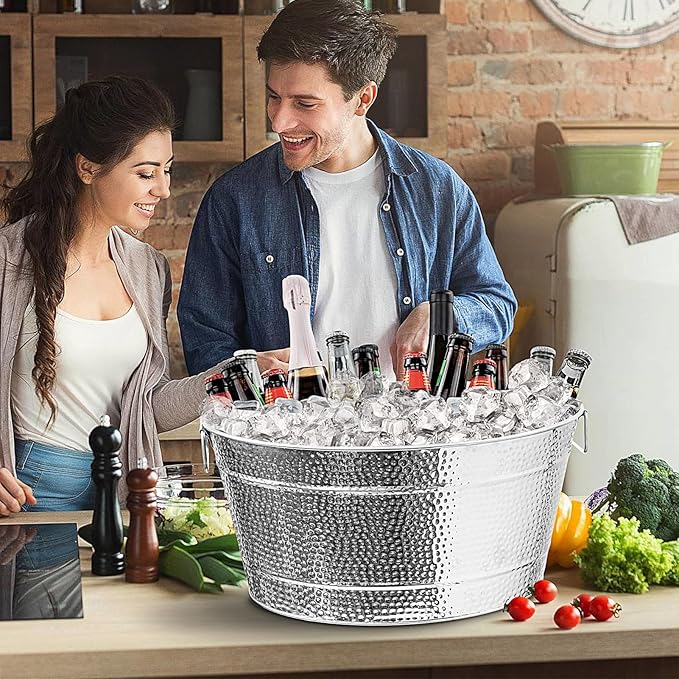Large Ice Buckets with Handles, IKAYAS Beverage Tub with Scoop and Tongs for Cocktail Bar Mimosa Bar Supplies, Champagne Bucket Beer Bucket, Silver