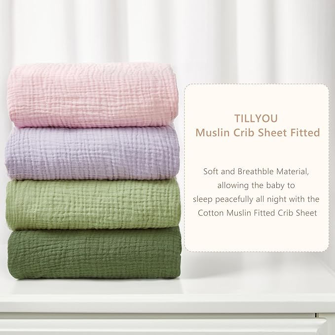 TILLYOU 2 Pack Muslin Crib Sheet for Boys and Girls - 100% Cotton Fitted Crib Sheet for Toddler Standard Crib Mattress, Soft and Breathable, 52"x28"x8",Light Purple&Light Pink