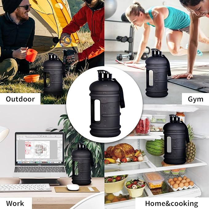 TOOFEEL 2.2 Liter Gym Water Bottle - 100% Leak Proof Big Sports Water Bottle Larger than 74 oz Water Bottle with Visible Volume for Drinking (74oz Transparent Matte Black)