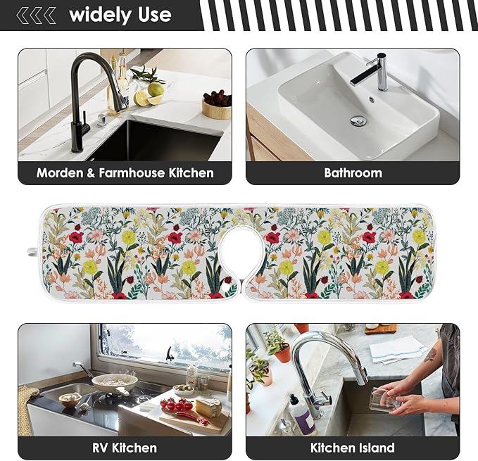 Kitchen Faucet Absorbent Mat,Summer Blooming Flower Water Splash Guard for Sink, Faucet Drip Catcher Thicken Sponge Microfiber Faucet Water Catcher Mat Sink Absorbent Mat for Kitchen 30x5in 2 Pack