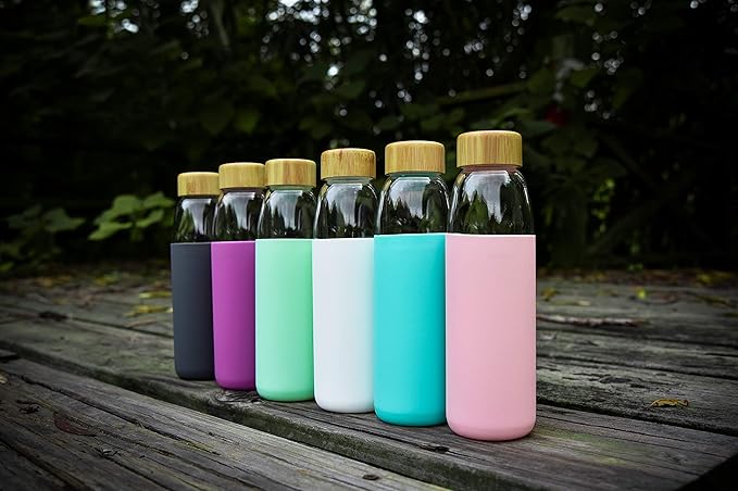 veegoal Glass Water Bottles 18 Oz Borosilicate with Bamboo Lid, BPA-FREE, Non-Slip Silicone Sleeve, and Stainless Steel Leak Proof Lid - Glass Water Bottle for Men and Women