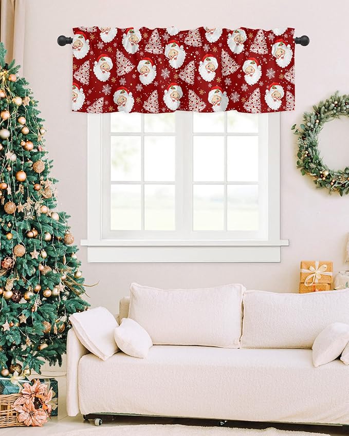 Red Christmas Valance Curtains for Kitchen Windows Santa Claus Merry Christmas Tree Rod Pocket Window Treatment Toppers for Kitchen/Living Room/Bedroom/Bathroom, 42" X 18", Winter Snowflake