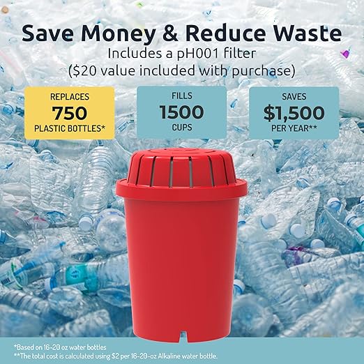 Invigorated Water Alkaline Water Filter Pitcher - Long Lasting Alkaline Water Pitcher Filter with Multi-Stage Filtration System - High pH Alkaline Pitcher Water Jug & 1 Alkaline Filter - 2.5L (Red)