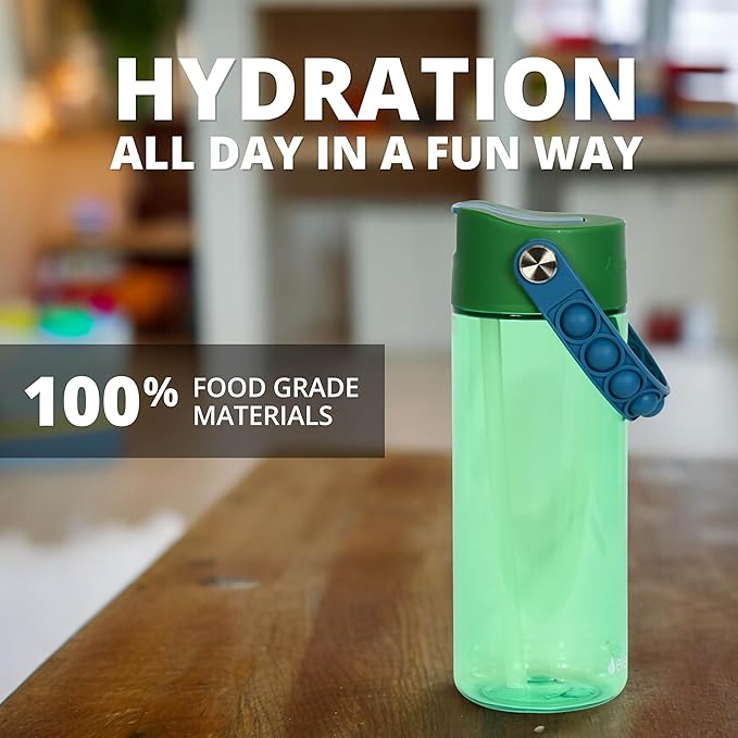 Elemental Leak Proof Water Bottles for Kids - Splash Kids Water Bottle for School with Fun Fidget Pop-it Handle - Tritan Plastic Water Bottle with Straw - Dinosaur & Green - 18oz (2 Pack)