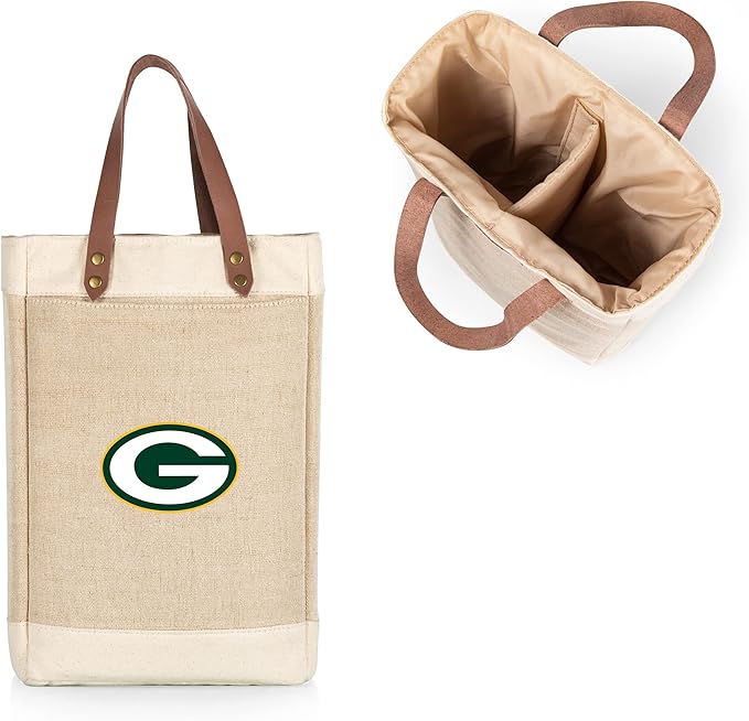 PICNIC TIME NFL Pinot - Jute 2 Bottle Insulated Wine Bag - Wine Tote Bag - Wine Gift Bag, (Beige)