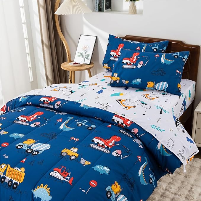 Meeting Story Construction Truck Car Twin Comforter Set for Boys,5 Pieces Dinosaur Bedding Set with Sheets and Pillowcases,Excavator Lightweight Microfiber Bedding Sets(Blue,Twin5pcs)