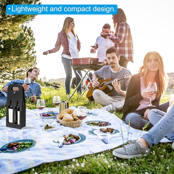 PATIKIL 2 Bottle Wine Gift Bag, 2 Pack Wine Bag Reusable Leather Wine Tote Carrier for Wine Bottles Portable Champagne Gift Bags for Picnic Party Wedding, Black-2