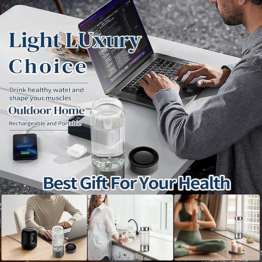 Hydrogen Water Bottle, Portable Hydrogen Water Bottle Generator, Rechargeable Hydrogen Water Ionizer Machine Quick Electrolysis Hydrogen Water Glass Health Cup for Office Travel Exercise Home, Silver