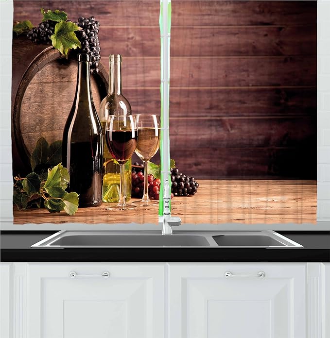 Ambesonne Wine Kitchen Curtains, Still Life of Wine with Wooden Keg Rustic Concept Tasting Viticulture, Window Drapes 2 Panel Set for Kitchen Cafe Decor, 55" x 36", Brown Green