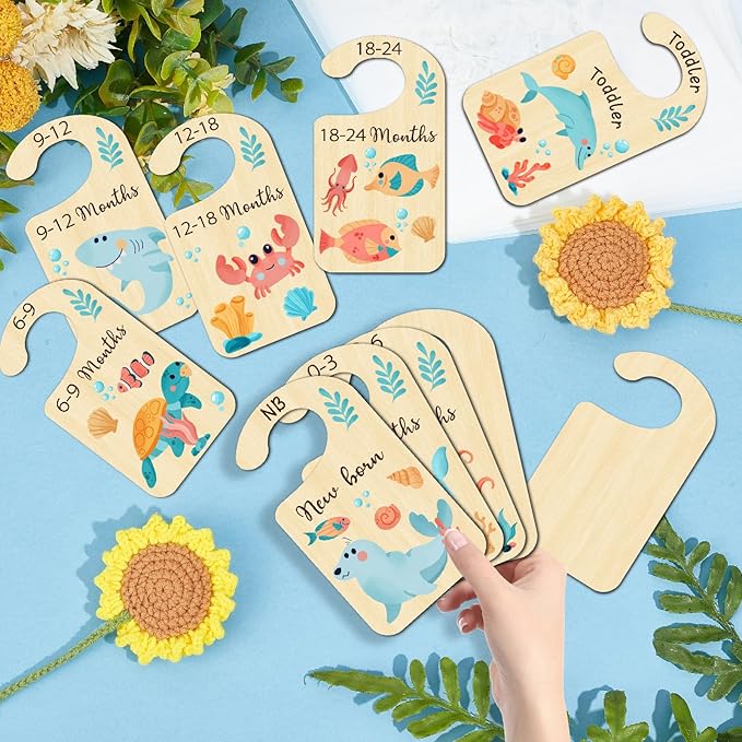 CRASPIRE 10Pcs Ocean Animal Wood Baby Wardrobe Dividers Clothes Size Dividers Closet Organizers Nursery Decor from Newborn to 36 Month Hanger Baby Infant Wardrobe Divider for Newborn Baby Shower